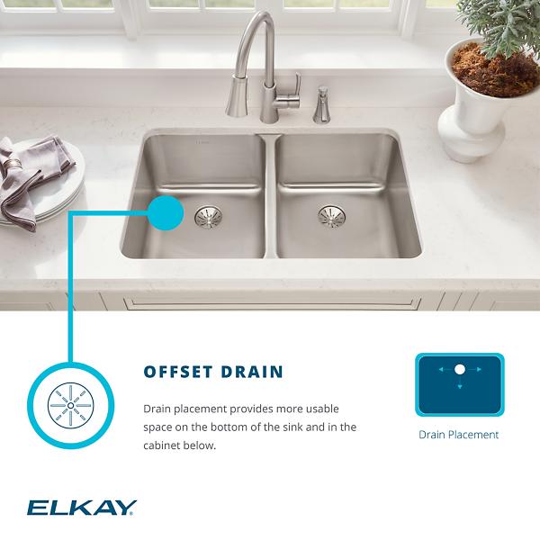 Elkay ELUH3221R Lustertone Classic Stainless Steel, 31-1/2" x 21-1/8" x 7-1/2" Offset 70/30 Double Bowl Undermount Sink