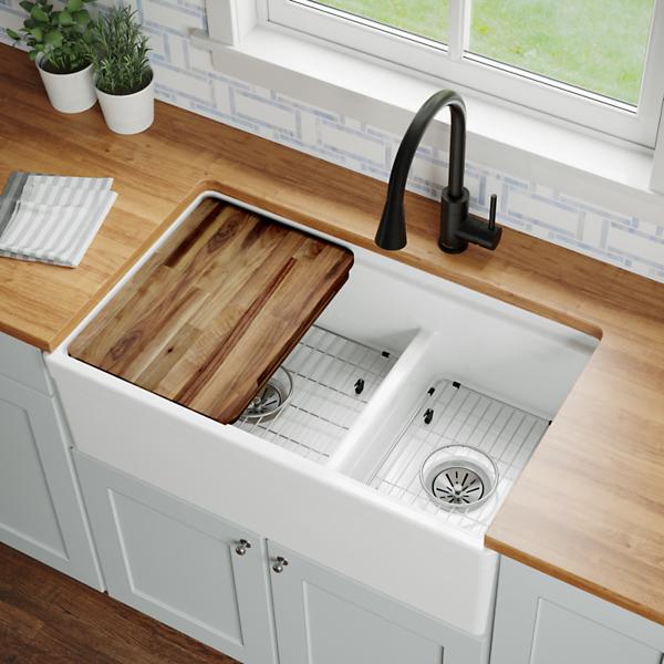 Elkay F23320CBWHC Fireclay 33" x 19-15/16" x 9-1/8" Double Bowl Farmhouse Workstation Sink Kit with Aqua Divide White