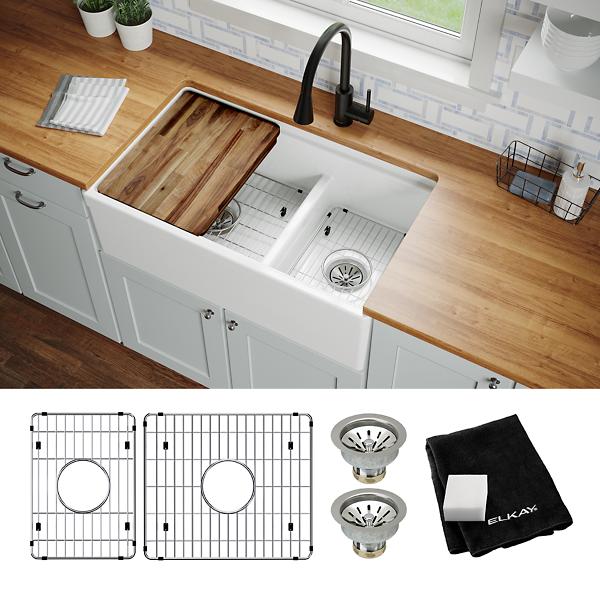 Elkay F23320CBWHC Fireclay 33" x 19-15/16" x 9-1/8" Double Bowl Farmhouse Workstation Sink Kit with Aqua Divide White