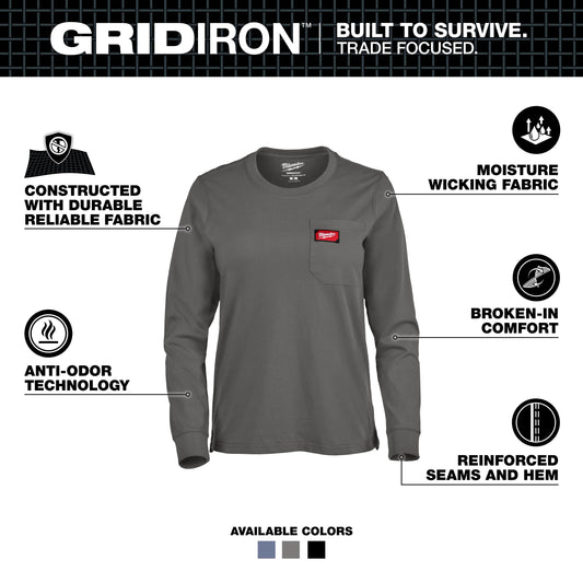 Milwaukee Tool F551G-XS Women's GRIDIRON Pocket T-Shirt - Long Sleeve Gray (Medium), 1 EA