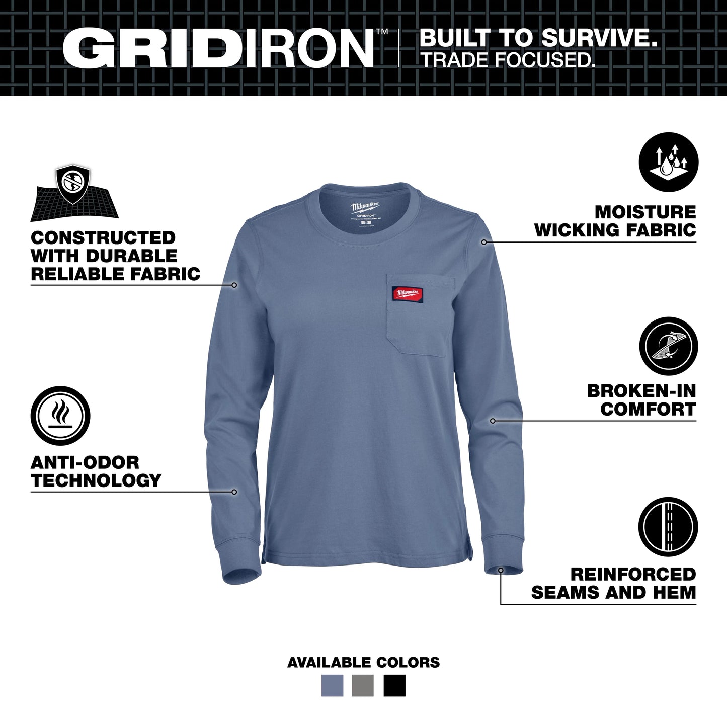 Milwaukee Tool F551U-2X Women's GRIDIRON Pocket T-Shirt - Long Sleeve Blue (2XL), 1 EA