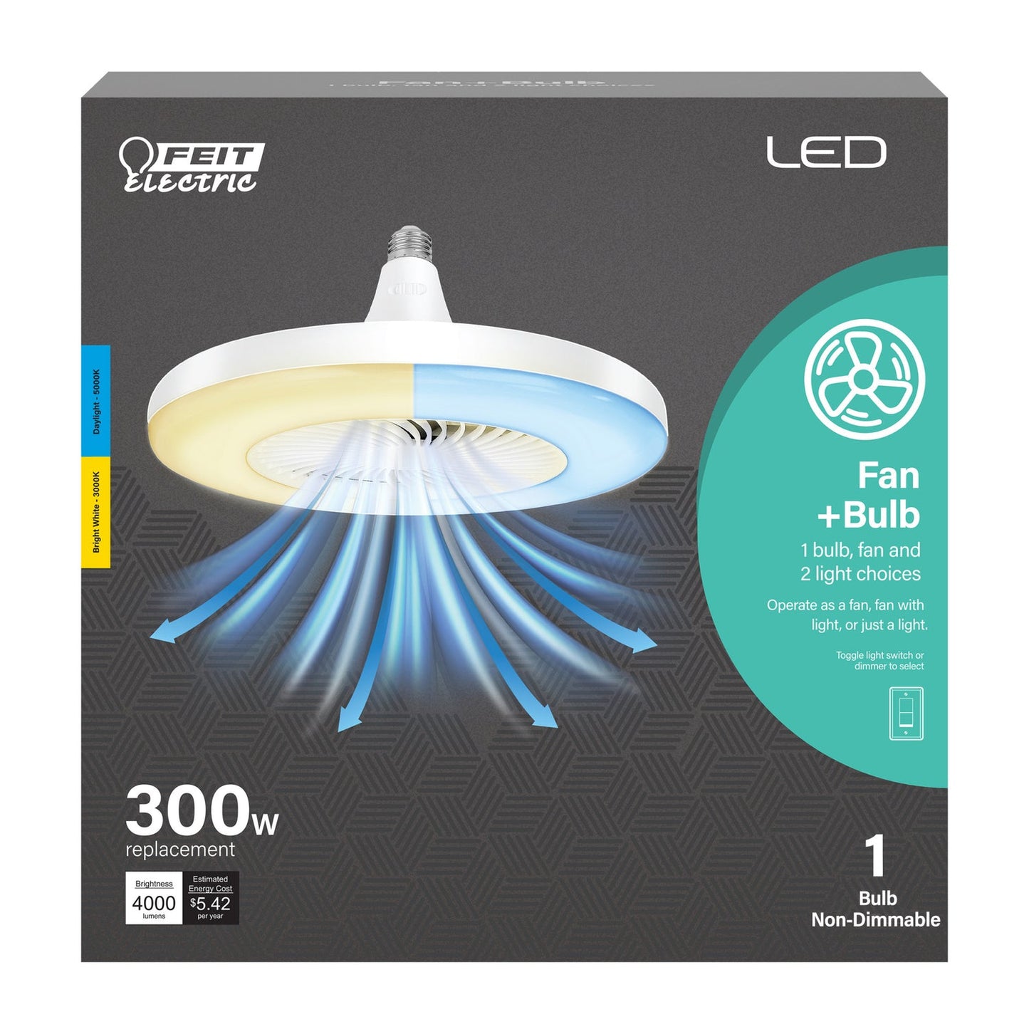Feit Electric FAN4000/2CCT/LED 45W (300W Replacement) Selectable White E26 Base 2-In-1 LED Light Bulb + Fan