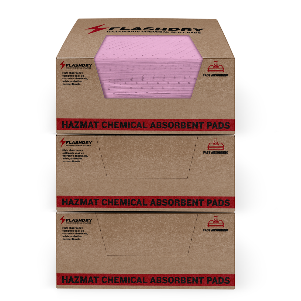 EarthSafe FDABPAD100HAZ3PK FlashDry Hazmat Chemical Spill Absorbent Pads 100 per Box (17.5"x13.5"), 3 Packs