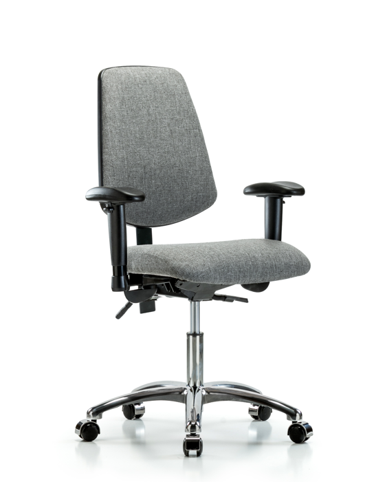 Blue Ridge Ergonomics FDHCH-MB-CR-T1-A1-CC-F44 Rutledge Fabric Chair Chrome - Desk Height with Medium Back, Seat Tilt, Adjustable Arms, & Casters in Gray Fabric