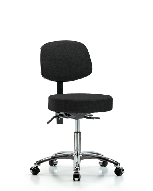 Blue Ridge Ergonomics FDHST-CR-T0-CC-F42 Rutledge Fabric Stool with Back Chrome - Desk Height with Casters in Black Fabric