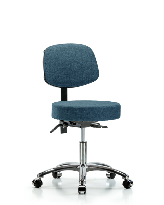 Blue Ridge Ergonomics FDHST-CR-T1-CC-F43 Rutledge Fabric Stool with Back Chrome - Desk Height with Seat Tilt & Casters in Blue Fabric
