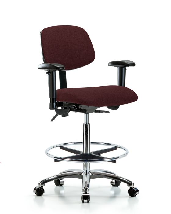 Blue Ridge Ergonomics FHBCH-CR-T0-A1-CF-CC-F41 Rutledge Fabric Chair Chrome - High Bench Height with Adjustable Arms, Chrome Foot Ring, & Casters in Burgundy Fabric