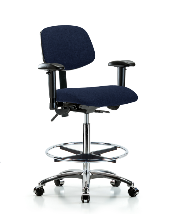 Blue Ridge Ergonomics FHBCH-CR-T0-A1-CF-CC-F45 Rutledge Fabric Chair Chrome - High Bench Height with Adjustable Arms, Chrome Foot Ring, & Casters in Navy Fabric