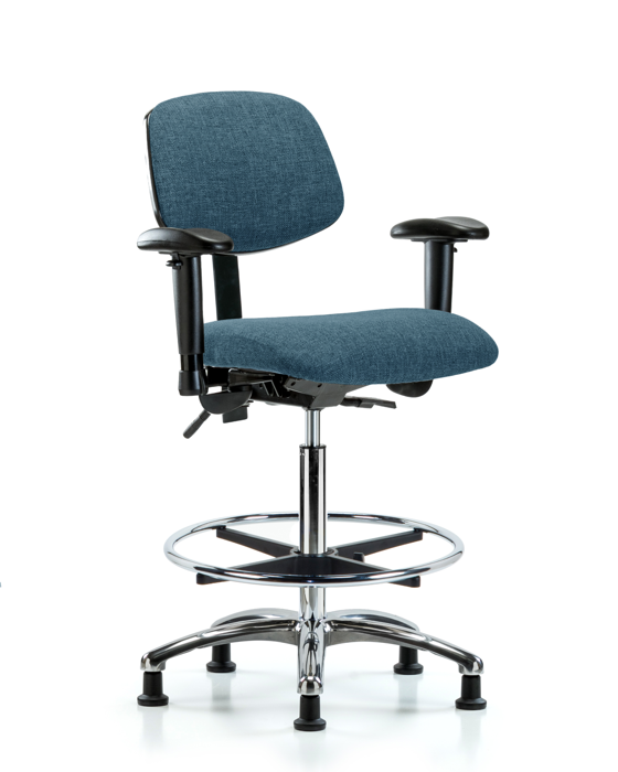 Blue Ridge Ergonomics FHBCH-CR-T0-A1-CF-RG-F43 Rutledge Fabric Chair Chrome - High Bench Height with Adjustable Arms, Chrome Foot Ring, & Stationary Glides in Blue Fabric
