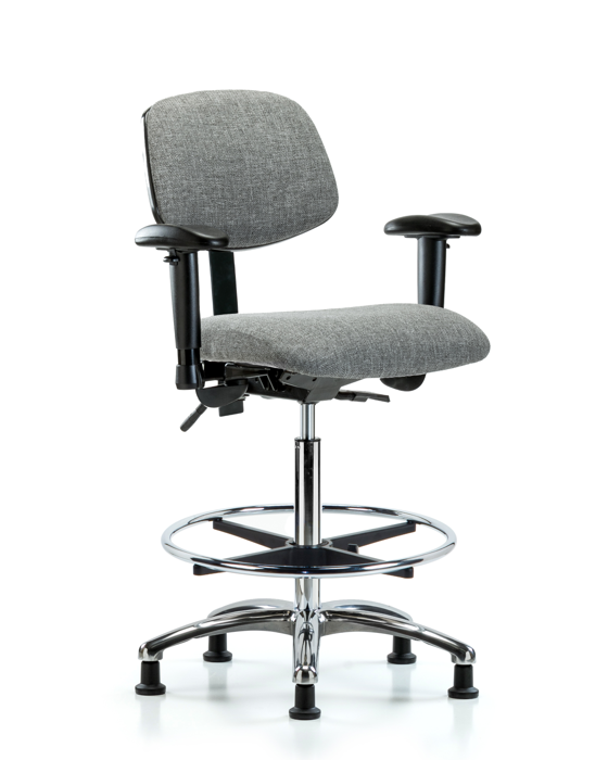 Blue Ridge Ergonomics FHBCH-CR-T0-A1-CF-RG-F44 Rutledge Fabric Chair Chrome - High Bench Height with Adjustable Arms, Chrome Foot Ring, & Stationary Glides in Gray Fabric
