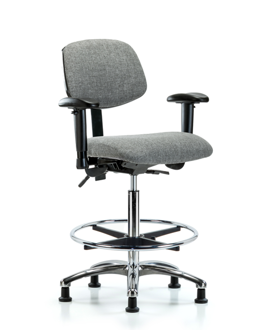 Blue Ridge Ergonomics FHBCH-CR-T0-A1-CF-RG-F44 Rutledge Fabric Chair Chrome - High Bench Height with Adjustable Arms, Chrome Foot Ring, & Stationary Glides in Gray Fabric