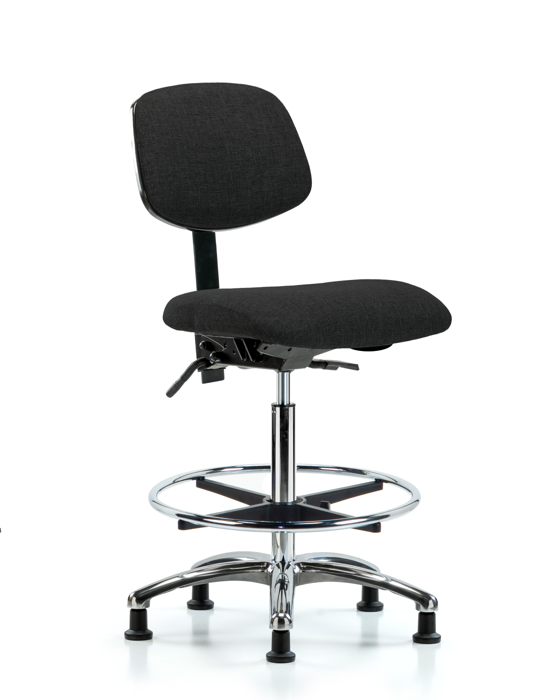 Blue Ridge Ergonomics FHBCH-CR-T1-A0-CF-RG-F42 Rutledge Fabric Chair Chrome - High Bench Height with Seat Tilt, Chrome Foot Ring, & Stationary Glides in Black Fabric