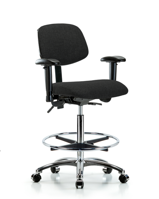 Blue Ridge Ergonomics FHBCH-CR-T1-A1-CF-CC-F42 Rutledge Fabric Chair Chrome - High Bench Height with Seat Tilt, Adjustable Arms, Chrome Foot Ring, & Casters in Black Fabric