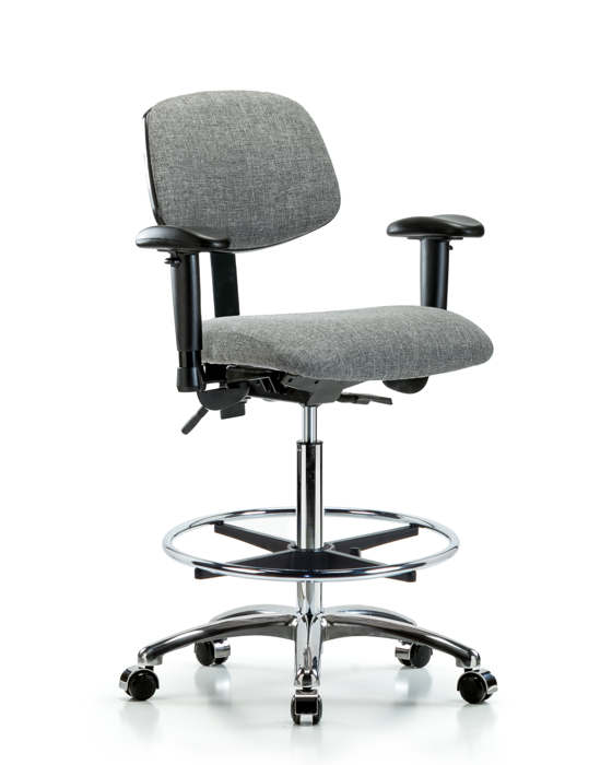 Blue Ridge Ergonomics FHBCH-CR-T1-A1-CF-CC-F44 Rutledge Fabric Chair Chrome - High Bench Height with Seat Tilt, Adjustable Arms, Chrome Foot Ring, & Casters in Gray Fabric