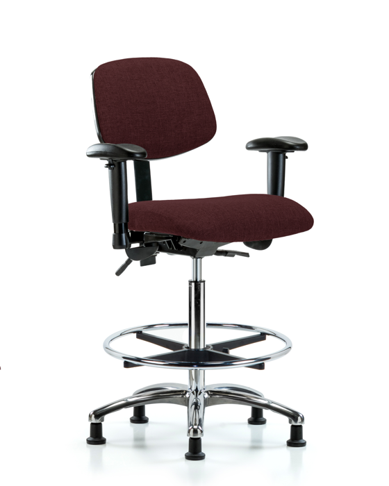 Blue Ridge Ergonomics FHBCH-CR-T1-A1-CF-RG-F41 Rutledge Fabric Chair Chrome - High Bench Height with Seat Tilt, Adjustable Arms, Chrome Foot Ring, & Stationary Glides in Burgundy Fabric