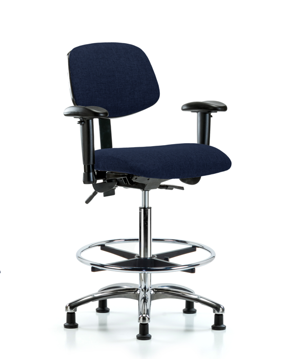 Blue Ridge Ergonomics FHBCH-CR-T1-A1-CF-RG-F45 Rutledge Fabric Chair Chrome - High Bench Height with Seat Tilt, Adjustable Arms, Chrome Foot Ring, & Stationary Glides in Navy Fabric