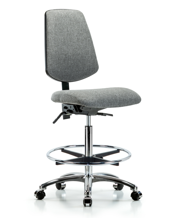 Blue Ridge Ergonomics FHBCH-MB-CR-T0-A0-CF-CC-F44 Rutledge Fabric Chair Chrome - High Bench Height with Medium Back, Chrome Foot Ring, & Casters in Gray Fabric