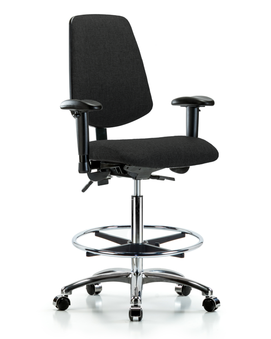 Blue Ridge Ergonomics FHBCH-MB-CR-T0-A1-CF-CC-F42 Rutledge Fabric Chair Chrome - High Bench Height with Medium Back, Adjustable Arms, Chrome Foot Ring, & Casters in Black Fabric