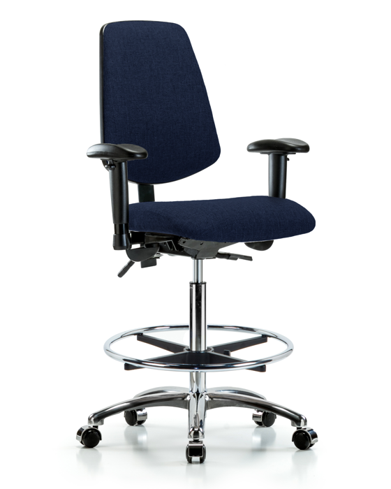 Blue Ridge Ergonomics FHBCH-MB-CR-T0-A1-CF-CC-F45 Rutledge Fabric Chair Chrome - High Bench Height with Medium Back, Adjustable Arms, Chrome Foot Ring, & Casters in Navy Fabric