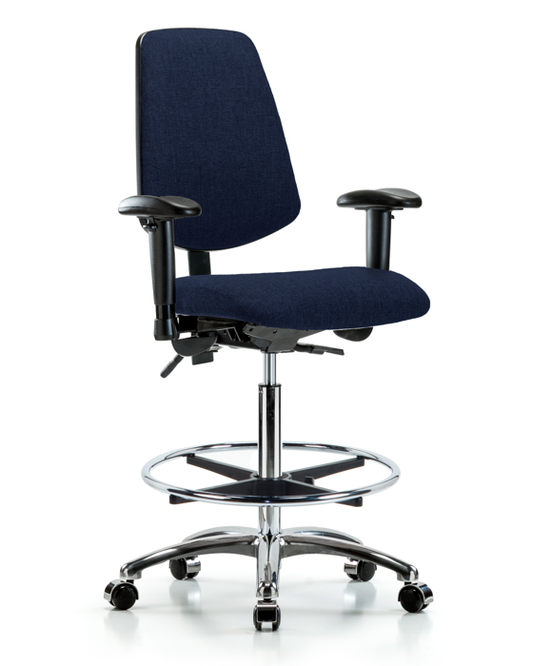 Blue Ridge Ergonomics FHBCH-MB-CR-T0-A1-CF-CC-F45 Rutledge Fabric Chair Chrome - High Bench Height with Medium Back, Adjustable Arms, Chrome Foot Ring, & Casters in Navy Fabric