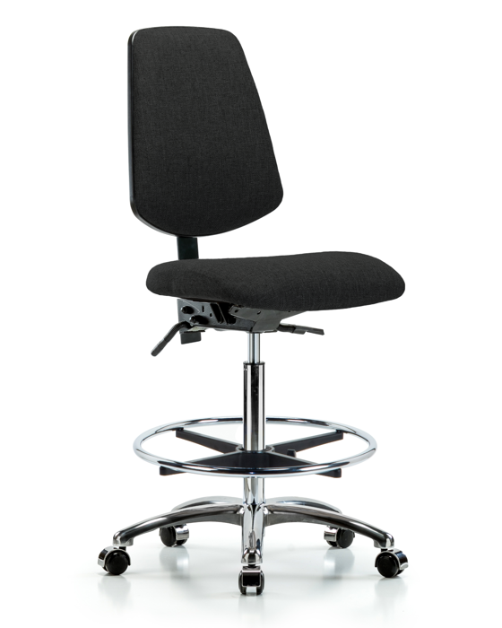 Blue Ridge Ergonomics FHBCH-MB-CR-T1-A0-CF-CC-F42 Rutledge Fabric Chair Chrome - High Bench Height with Medium Back, Seat Tilt, Chrome Foot Ring, & Casters in Black Fabric