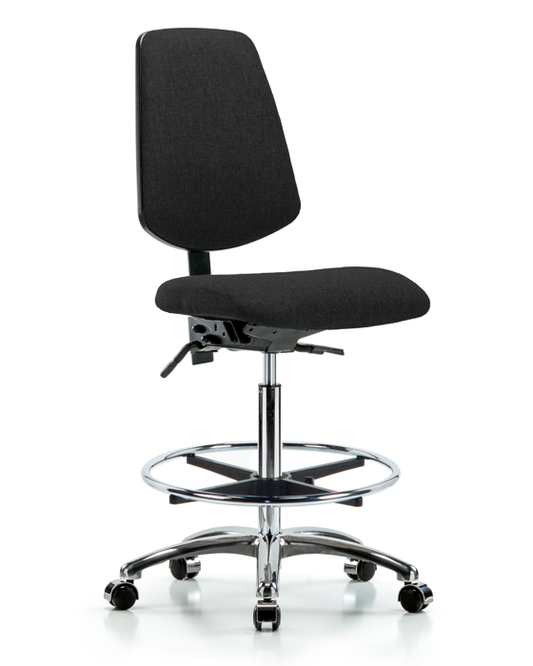 Blue Ridge Ergonomics FHBCH-MB-CR-T1-A0-CF-CC-F42 Rutledge Fabric Chair Chrome - High Bench Height with Medium Back, Seat Tilt, Chrome Foot Ring, & Casters in Black Fabric