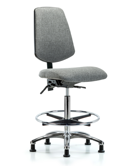 Blue Ridge Ergonomics FHBCH-MB-CR-T1-A0-CF-RG-F44 Rutledge Fabric Chair Chrome - High Bench Height with Medium Back, Seat Tilt, Chrome Foot Ring, & Stationary Glides in Gray Fabric