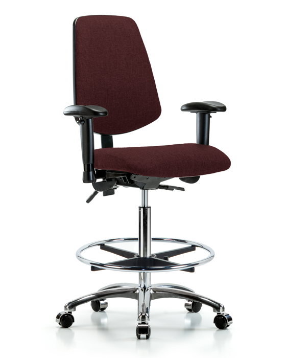 Blue Ridge Ergonomics FHBCH-MB-CR-T1-A1-CF-CC-F41 Rutledge Fabric Chair Chrome - High Bench Height with Medium Back, Seat Tilt, Adjustable Arms, Chrome Foot Ring, & Casters in Burgundy Fabric