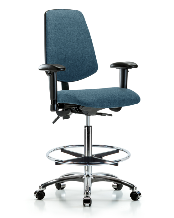 Blue Ridge Ergonomics FHBCH-MB-CR-T1-A1-CF-CC-F43 Rutledge Fabric Chair Chrome - High Bench Height with Medium Back, Seat Tilt, Adjustable Arms, Chrome Foot Ring, & Casters in Blue Fabric