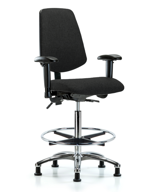 Blue Ridge Ergonomics FHBCH-MB-CR-T1-A1-CF-RG-F42 Rutledge Fabric Chair Chrome - High Bench Height with Medium Back, Seat Tilt, Adjustable Arms, Chrome Foot Ring, & Stationary Glides in Black Fabric
