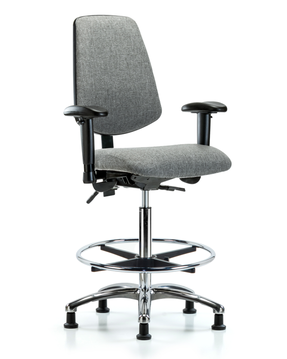 Blue Ridge Ergonomics FHBCH-MB-CR-T1-A1-CF-RG-F44 Rutledge Fabric Chair Chrome - High Bench Height with Medium Back, Seat Tilt, Adjustable Arms, Chrome Foot Ring, & Stationary Glides in Gray Fabric