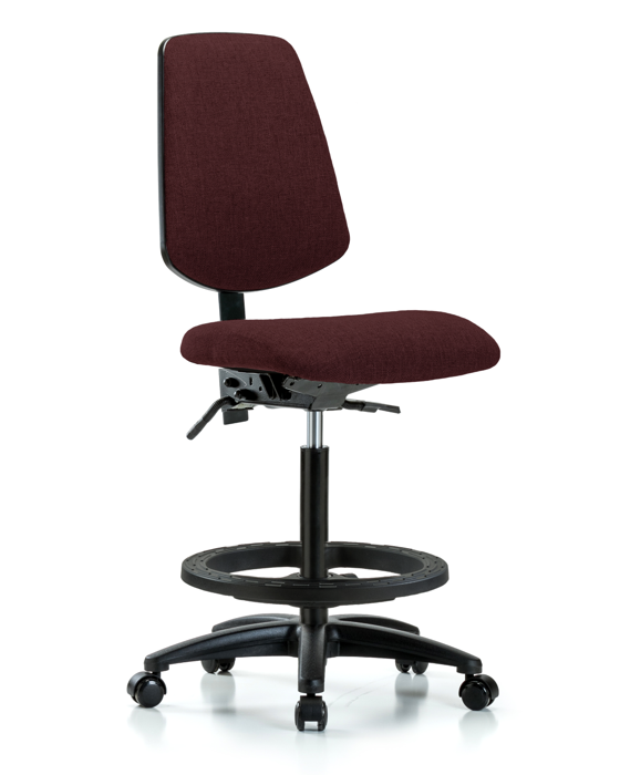 Blue Ridge Ergonomics FHBCH-MB-RG-T0-A0-BF-RC-F41 Rutledge Fabric Chair - High Bench Height with Medium Back, Black Foot Ring, & Casters in Burgundy Fabric
