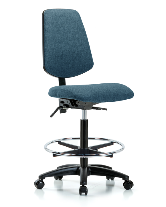 Blue Ridge Ergonomics FHBCH-MB-RG-T0-A0-CF-RC-F43 Rutledge Fabric Chair - High Bench Height with Medium Back, Chrome Foot Ring, & Casters in Blue Fabric