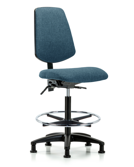 Blue Ridge Ergonomics FHBCH-MB-RG-T0-A0-CF-RG-F43 Rutledge Fabric Chair - High Bench Height with Medium Back, Chrome Foot Ring, & Stationary Glides in Blue Fabric