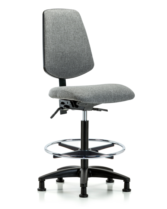 Blue Ridge Ergonomics FHBCH-MB-RG-T0-A0-CF-RG-F44 Rutledge Fabric Chair - High Bench Height with Medium Back, Chrome Foot Ring, & Stationary Glides in Gray Fabric