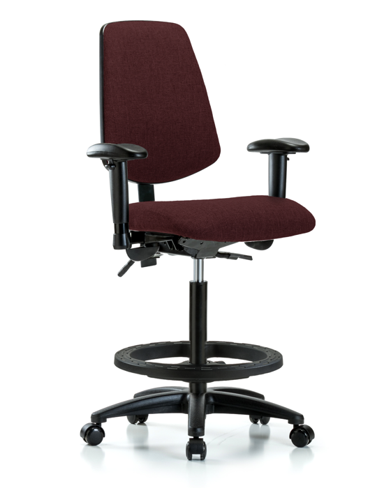 Blue Ridge Ergonomics FHBCH-MB-RG-T0-A1-BF-RC-F41 Rutledge Fabric Chair - High Bench Height with Medium Back, Adjustable Arms, Black Foot Ring, & Casters in Burgundy Fabric