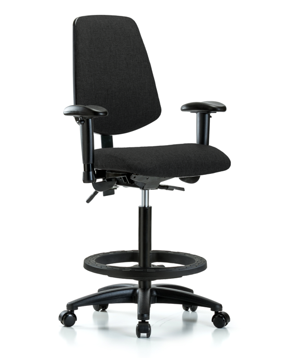 Blue Ridge Ergonomics FHBCH-MB-RG-T0-A1-BF-RC-F42 Rutledge Fabric Chair - High Bench Height with Medium Back, Adjustable Arms, Black Foot Ring, & Casters in Black Fabric