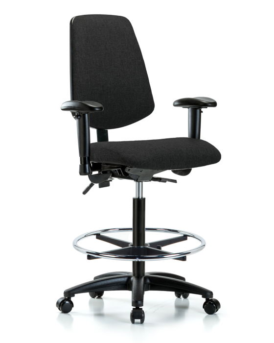 Blue Ridge Ergonomics FHBCH-MB-RG-T0-A1-CF-RC-F42 Rutledge Fabric Chair - High Bench Height with Medium Back, Adjustable Arms, Chrome Foot Ring, & Casters in Black Fabric