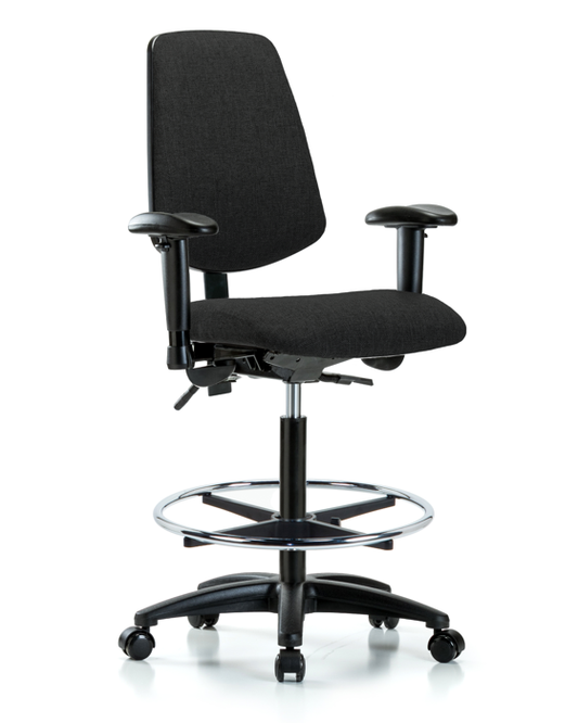 Blue Ridge Ergonomics FHBCH-MB-RG-T0-A1-CF-RC-F42 Rutledge Fabric Chair - High Bench Height with Medium Back, Adjustable Arms, Chrome Foot Ring, & Casters in Black Fabric