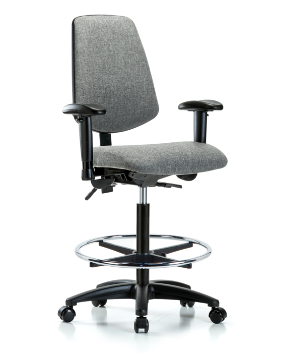Blue Ridge Ergonomics FHBCH-MB-RG-T0-A1-CF-RC-F44 Rutledge Fabric Chair - High Bench Height with Medium Back, Adjustable Arms, Chrome Foot Ring, & Casters in Gray Fabric