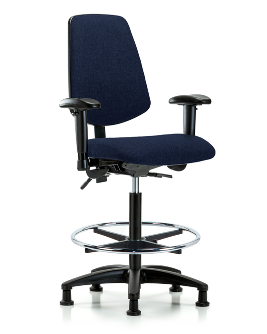 Blue Ridge Ergonomics FHBCH-MB-RG-T0-A1-CF-RG-F45 Rutledge Fabric Chair - High Bench Height with Medium Back, Adjustable Arms, Chrome Foot Ring, & Stationary Glides in Navy Fabric