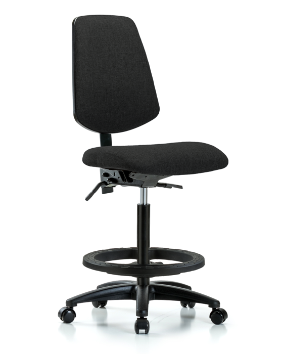 Blue Ridge Ergonomics FHBCH-MB-RG-T1-A0-BF-RC-F42 Rutledge Fabric Chair - High Bench Height with Medium Back, Seat Tilt, Black Foot Ring, & Casters in Black Fabric