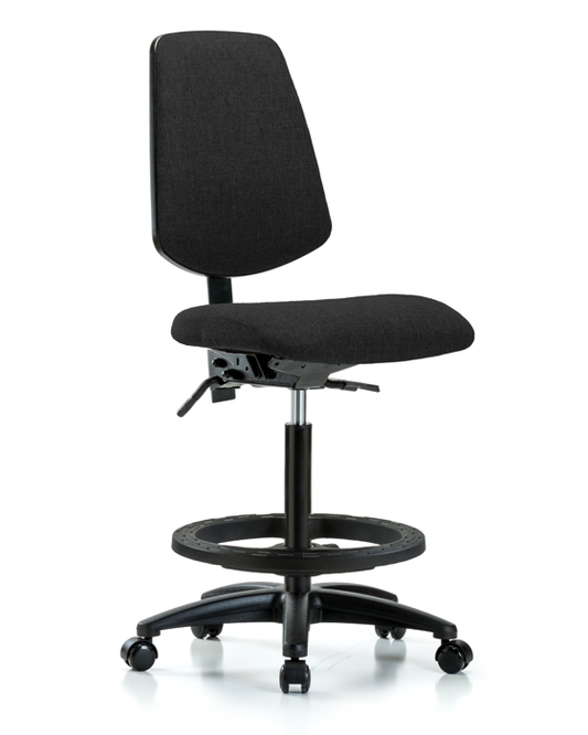 Blue Ridge Ergonomics FHBCH-MB-RG-T1-A0-BF-RC-F42 Rutledge Fabric Chair - High Bench Height with Medium Back, Seat Tilt, Black Foot Ring, & Casters in Black Fabric