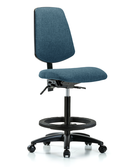 Blue Ridge Ergonomics FHBCH-MB-RG-T1-A0-BF-RC-F43 Rutledge Fabric Chair - High Bench Height with Medium Back, Seat Tilt, Black Foot Ring, & Casters in Blue Fabric