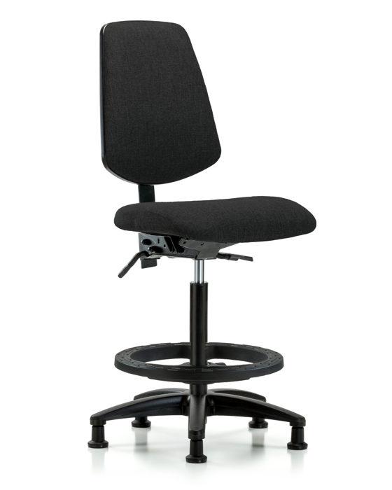 Blue Ridge Ergonomics FHBCH-MB-RG-T1-A0-BF-RG-F42 Rutledge Fabric Chair - High Bench Height with Medium Back, Seat Tilt, Black Foot Ring, & Stationary Glides in Black Fabric