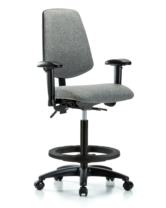 Blue Ridge Ergonomics FHBCH-MB-RG-T1-A1-BF-RC-F44 Rutledge Fabric Chair - High Bench Height with Medium Back, Seat Tilt, Adjustable Arms, Black Foot Ring, & Casters in Gray Fabric