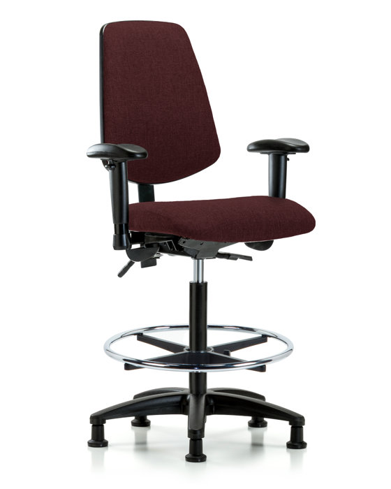 Blue Ridge Ergonomics FHBCH-MB-RG-T1-A1-CF-RG-F41 Rutledge Fabric Chair - High Bench Height with Medium Back, Seat Tilt, Adjustable Arms, Chrome Foot Ring, & Stationary Glides in Burgundy Fabric