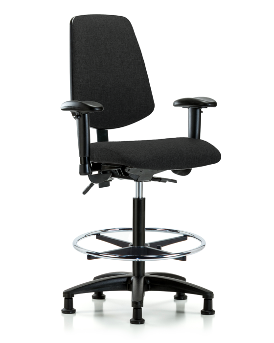 Blue Ridge Ergonomics FHBCH-MB-RG-T1-A1-CF-RG-F42 Rutledge Fabric Chair - High Bench Height with Medium Back, Seat Tilt, Adjustable Arms, Chrome Foot Ring, & Stationary Glides in Black Fabric