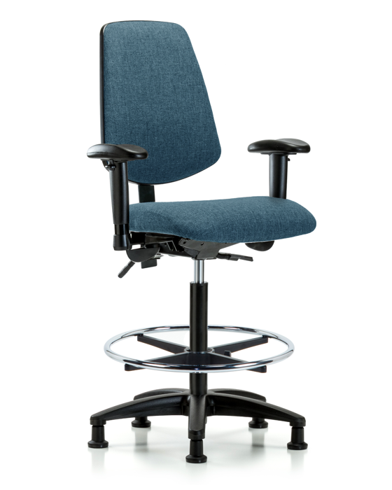 Blue Ridge Ergonomics FHBCH-MB-RG-T1-A1-CF-RG-F43 Rutledge Fabric Chair - High Bench Height with Medium Back, Seat Tilt, Adjustable Arms, Chrome Foot Ring, & Stationary Glides in Blue Fabric