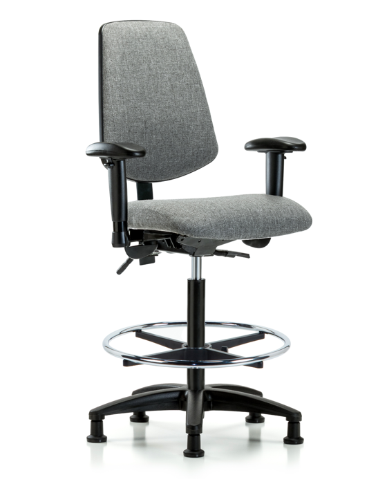 Blue Ridge Ergonomics FHBCH-MB-RG-T1-A1-CF-RG-F44 Rutledge Fabric Chair - High Bench Height with Medium Back, Seat Tilt, Adjustable Arms, Chrome Foot Ring, & Stationary Glides in Gray Fabric